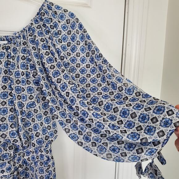 Misa LA Zonia Blue/White Geometric Off-Shoulder Chiffon Mini Dress XS - Picture 3 of 14